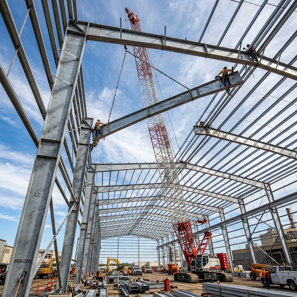 Steel Structure Construction — Crane lifting PEB framework