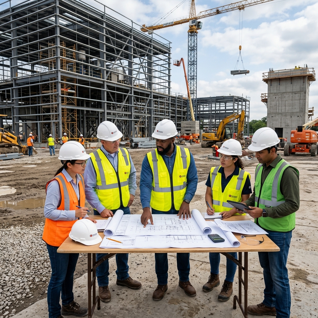 Project Management — Engineers reviewing construction blueprints